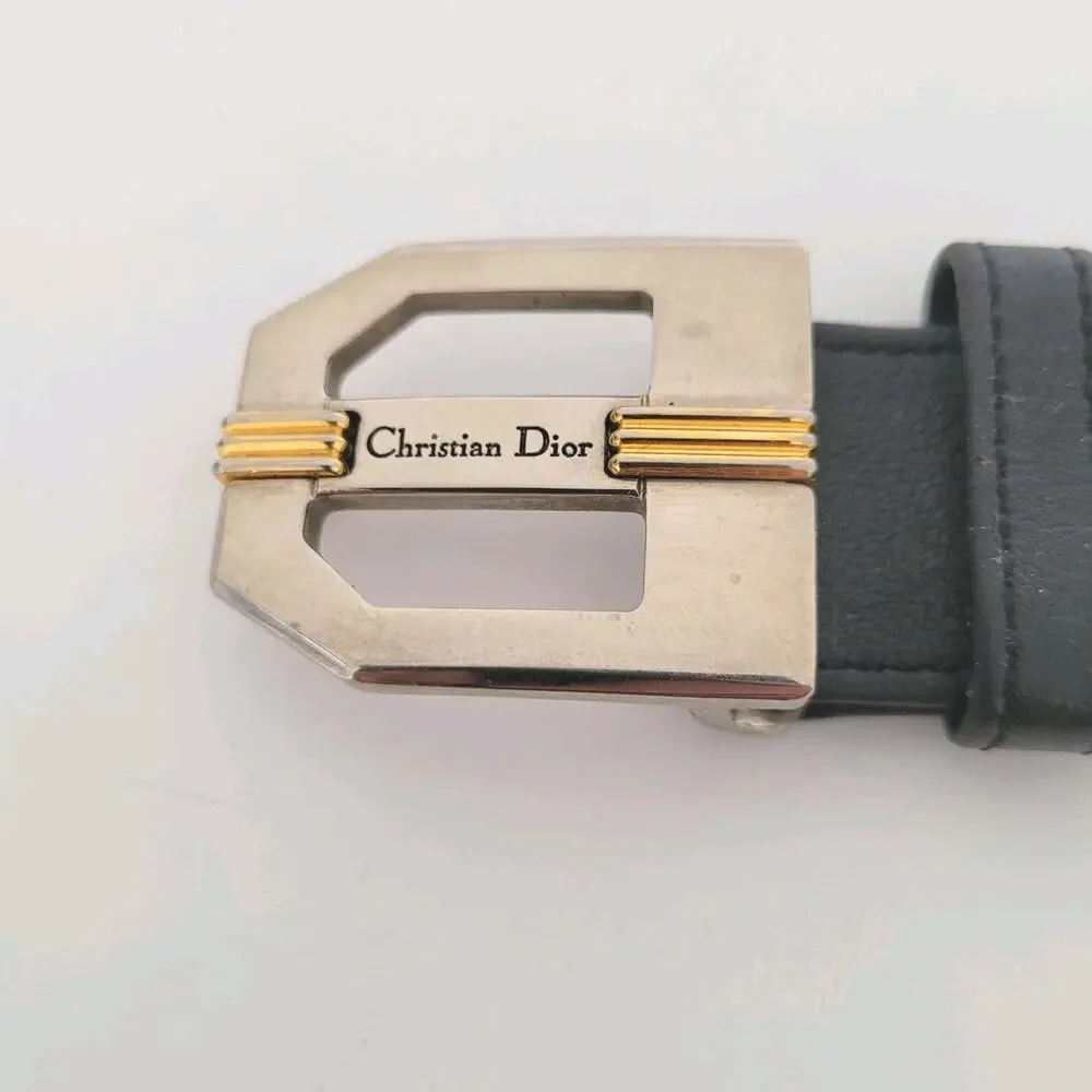 Christian Dior Silver Black Leather Metal Belt Buckle Replacement Slim Vintage‎